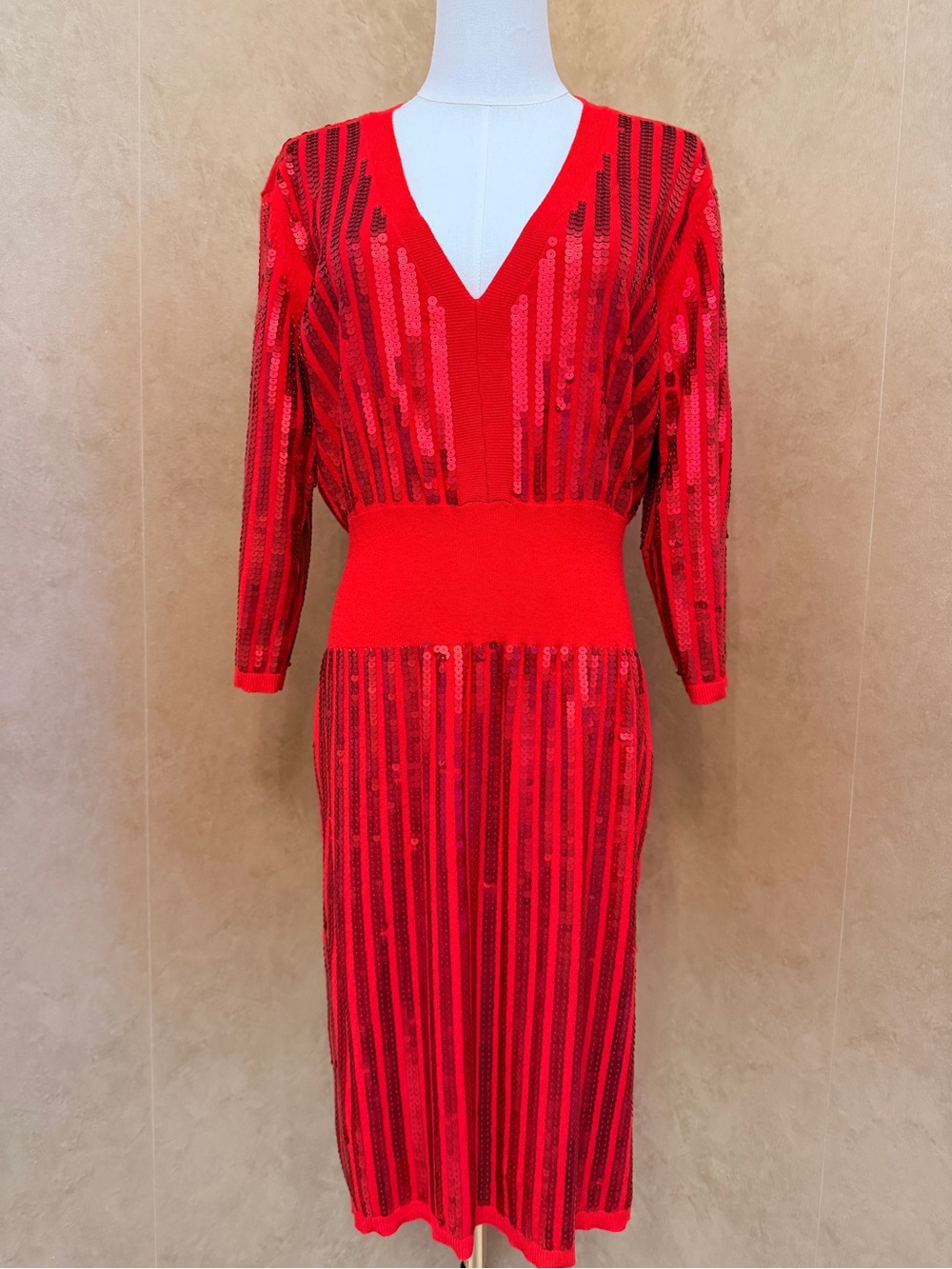 eva mendes for New York & Company Red Sequin V-Neck Midi sweater Dress